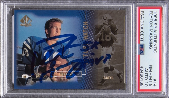 1998 SP Authentic #14 Peyton Manning Signed Rookie Card - PSA NM-MT 8, PSA/DNA GEM MT 10